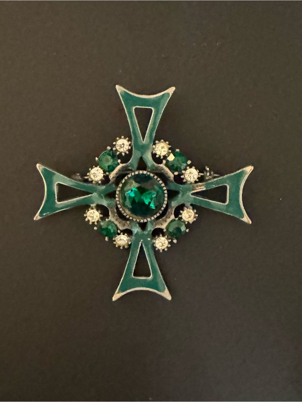 Emerald Green Cross Brooch with Crystal Accents